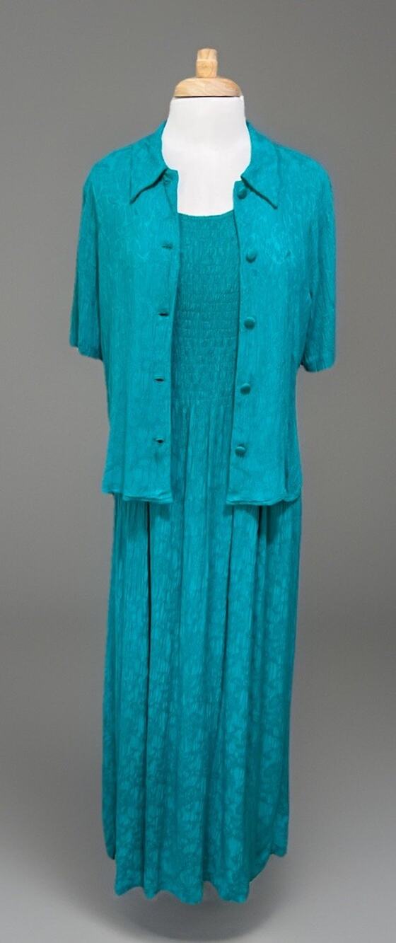 Coldwater Creek sz 14 Teal 2pc Maxi Dress Jacket Set Vintage Jacquard Smocked